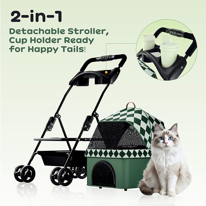 Foldable pet Stroller for Cats with Detachable Weather Cover, 4 Wheels Pet Strolling Cart for Dogs and Cats with Storage Basket and Cup Holder（Green）