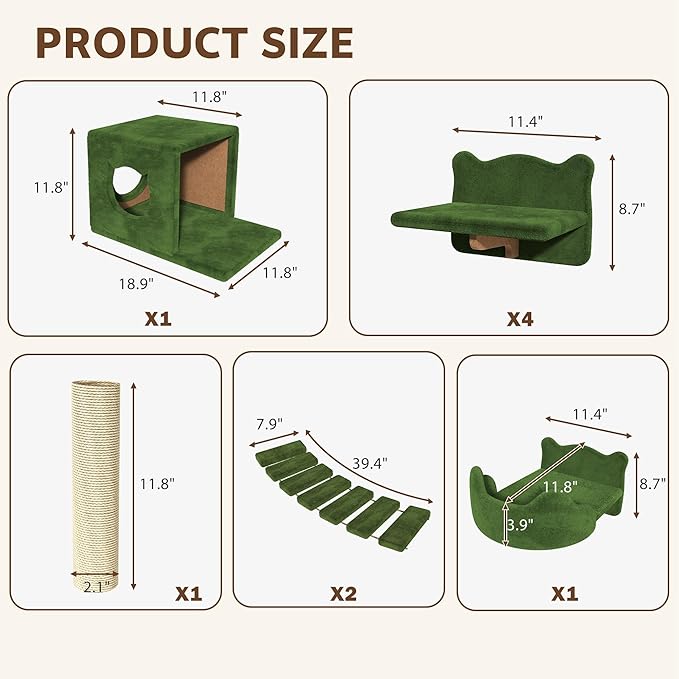 Cat Wall Shelves, Wall Mounted Cat Shelf Furniture with Plush Fabric (9 Piece Set), Cats Furniture with Condos, House, Steps, Bridge Ladder, Scratching Post, Green