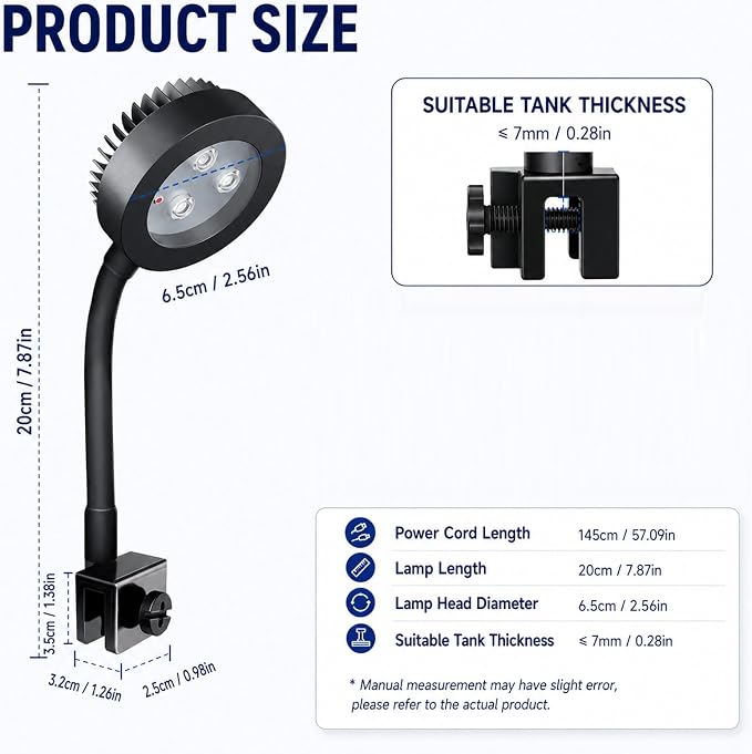 Nano Reef Light for Coral, LED Aquarium Light 5.2W USB Clip Lamp, Full Spectrum 455-620nm, Dimmable with Timer 3/9/12H, 360° Gooseneck Fish Tank Light for Saltwater Coral Tank with USB Power Adapter