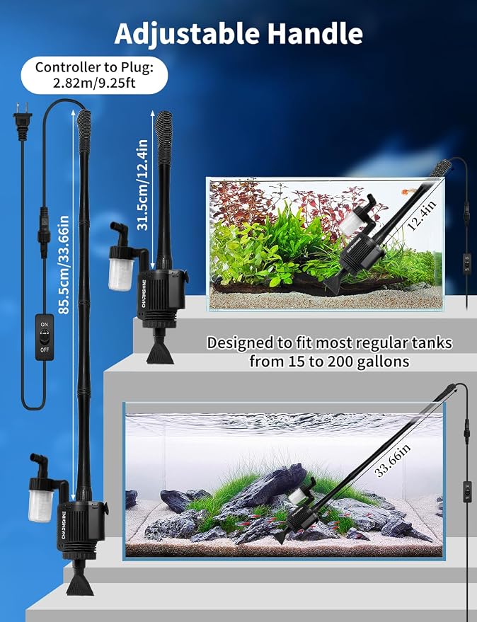 Gravel Vacuum for Aquarium, 6 in 1 Fish Tank Cleaner Tool Kit Electric Vacuum Gravel Cleaner for Aquarium Automatic Water Change, Wash Sand, Water Circulation,With Filter Cup, Hose Clamp (370GPH 22W)