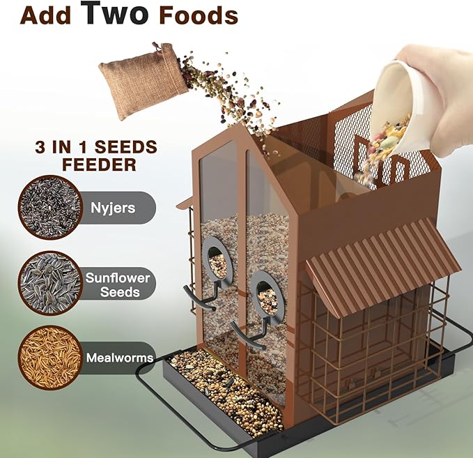 FlowaFoli Bird Feeders for Outdoors, Metal Bird Feeder with Double Suet Cage Weatherproof Metal Roof, 2 in 1 Mixed Seeds Suet Feeder, 4Lbs Large Capacity, Great for Finch、Cardinal、Chickadee（Brown）