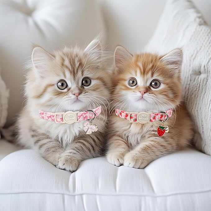 2 Pack Pink Cat Collars - Cute Strawberry & Bow Breakaway Cat Collars, Adjustable Girly Pink Kitten Collar for Small Dogs Puppy, Spring Summer Pet Safety Collar with Bell & Pendant