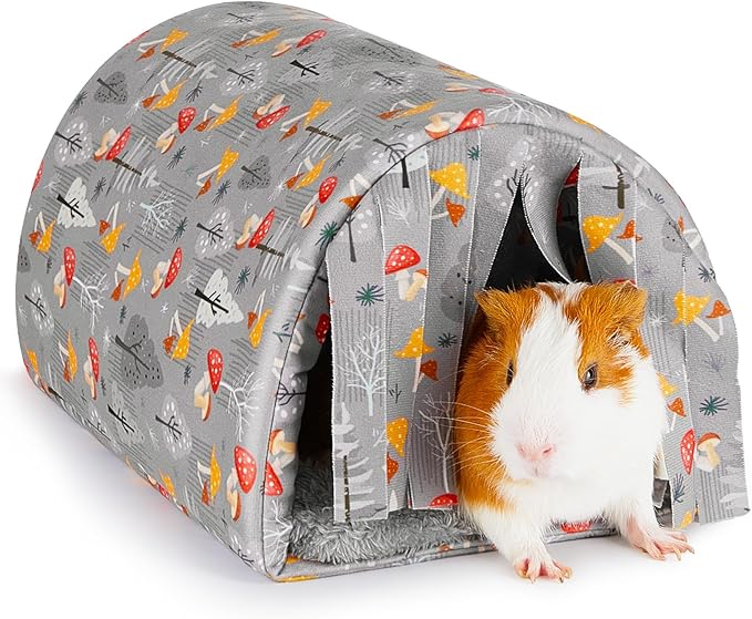 Glittme Guinea Pig Hideout with Curtain and Tunnel - Soft Bed with Cushion - Suitable for Guinea Pig, Hamster, Chinchilla, Bunny - Grey Mushrooms