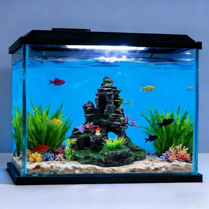 Large Aquarium Decoration Resin Fake Rock Mountain Ornament Landscape Castle Decoration Fighting Fish Reptiles Turtles Hiding Cave Fish Tank Ornaments Accessories - Height 10.7 inches (Purple)