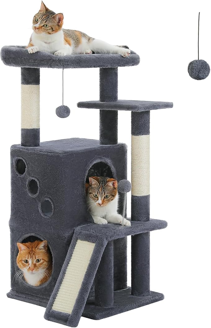 PETEPELA Cat Tree for Indoor Cats, 34.6" Small Cat Tower with Scratching Posts, 2 Condos, Scratching Ramp & Dangling Toys, Cat Play House for Multi-Cat Households, Dark Grey