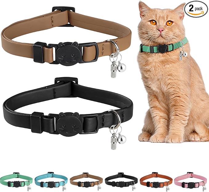 Upgrade Breakaway Cat Collar with Bells, Soft Leather Kitten Collars with Name Tag,Safety Adjustable Buckle,Lightweight,Ideal for Girl Boy Cats, Black+Brown