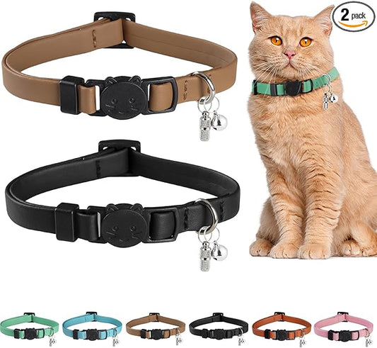 Upgrade Breakaway Cat Collar with Bells, Soft Leather Kitten Collars with Name Tag,Safety Adjustable Buckle,Lightweight,Ideal for Girl Boy Cats, Black+Brown