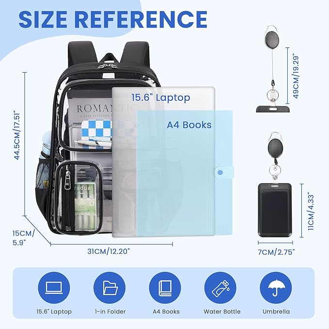 MUSEVOS Clear Backpack for School, Heavy Duty Clear Bookbag for Girls Boys Transparent Backpack with Badge Holder, Black