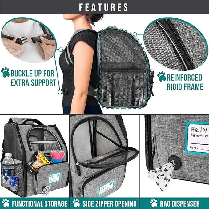 PetAmi Expandable Dog Backpack Carrier for Cats & Pets, Breathable Cat Carrier Backpack with Top Window & Multi-Entry, Ventilated Foldable Travel Carrier for Small Medium Pets up to 18 lbs, Light Gray
