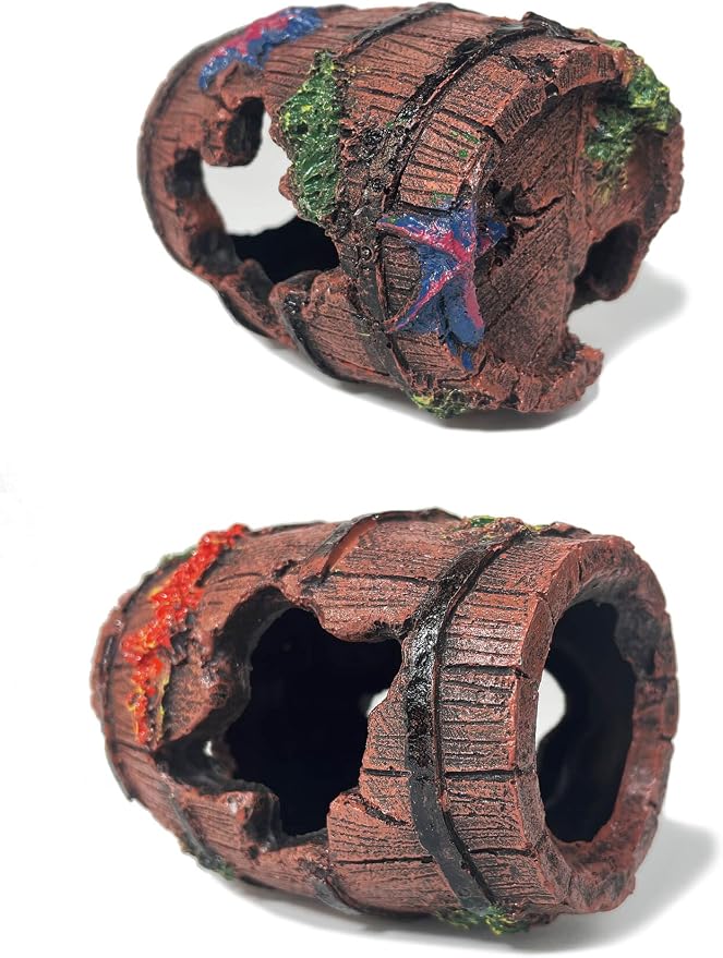 Aquarium Decor - Small Broken Barrel with Star Fish Tank Cave Hideout with Holes, Mini Decorations for Betta Fish, Shrimp, Nano Tank Decor, Aquarium Accessories Supplies, Safe Aquatic Ornament