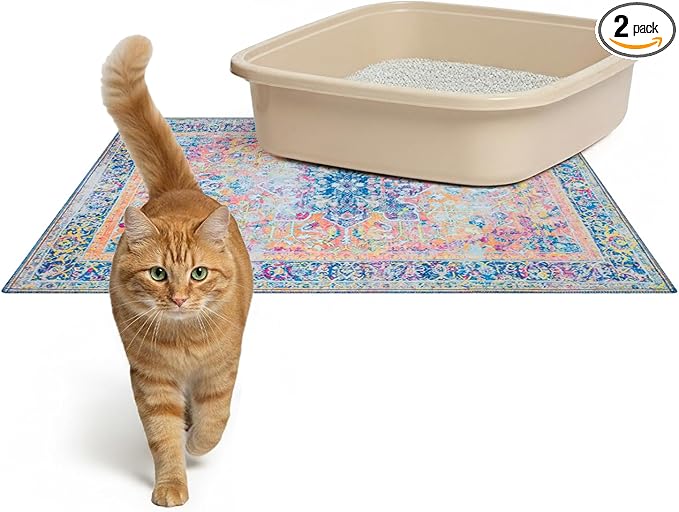 Lovewag Pets Cat Litter Box Mats 2 Pack - Small 16x24 Machine Washable, Easy Clean, Non-Slip, Waterproof Mats for Indoor Cats - Kitty Litter Mess Control & Urine Floor Protection (Marmalade Sunshine)