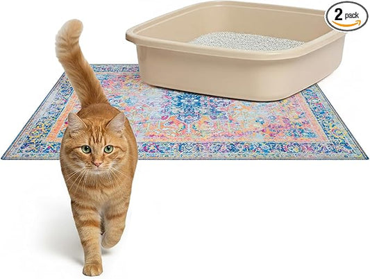 Lovewag Pets Cat Litter Box Mats 2 Pack - Small 16x24 Machine Washable, Easy Clean, Non-Slip, Waterproof Mats for Indoor Cats - Kitty Litter Mess Control & Urine Floor Protection (Marmalade Sunshine)