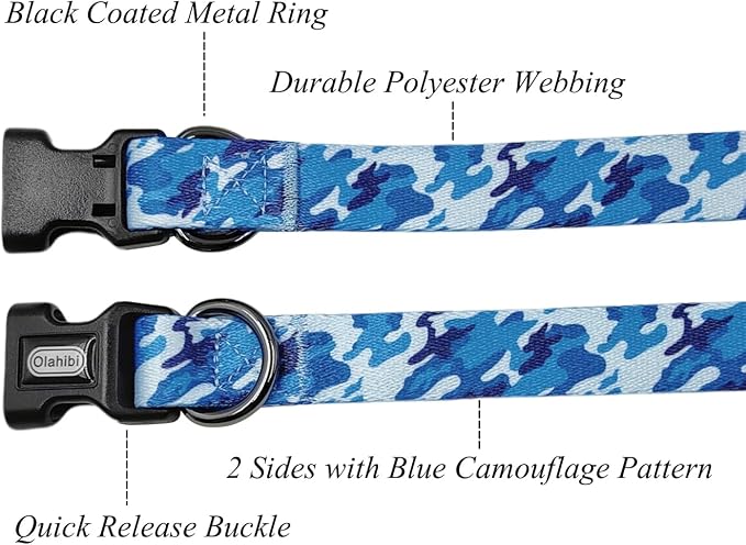 Dog Collar Leash Set, Camouflage Pattern, Polyester Material, Adjustable Collar and 5ft Matching Leash, for Medium Dogs.(M, Blue Camo)