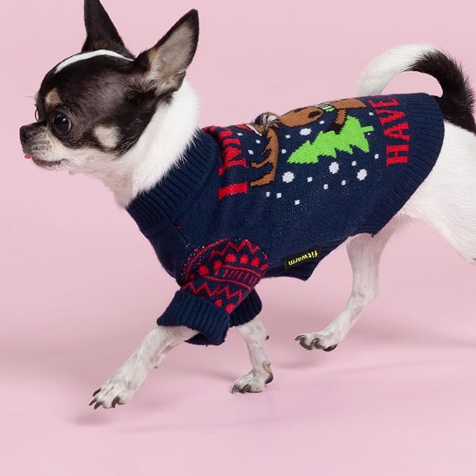 Fitwarm Funny Moose Dog Ugly Christmas Sweater, Winter Dog Clothes for Small Dogs Girl Boy, Pet Xmas Outfit, Navy, XL