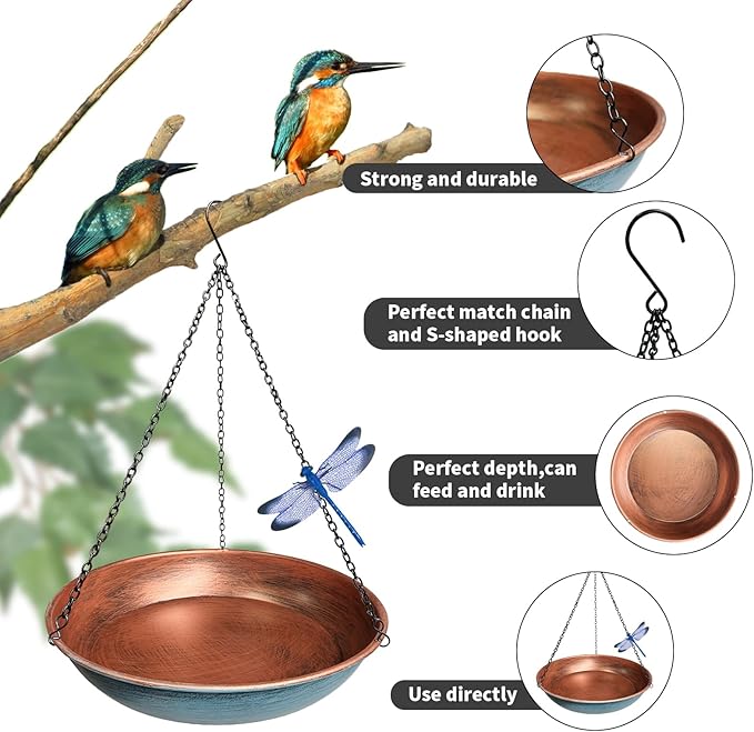 Hanging Bird Bath for Outdoors,11Inch Double Patchwork Birdbath Bowl Window Birds Feeder with 13.5 in Rust-Proof Black Chains Metal Hanging Birds Feeder for Garden Backyard Decor Copper Blue