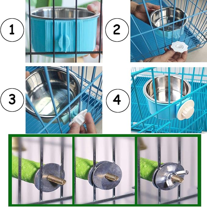 PINVNBY Bird Feeding Dish Cups, Detachable Stainless Steel Bowl, Eco-Friendly Plastic Bowl, Water and Food Bowl, Easy Installation, Prevents Upsetting, 1 Pcs