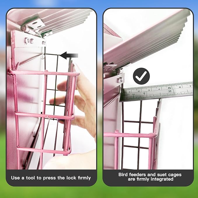 FlowaFoli Bird Feeders for Outdoors, Metal Bird Feeder with Double Suet Cage Weatherproof Metal Roof, 2 in 1 Mixed Seeds Suet Feeder, 4Lbs Large Capacity, Great for Finch、Cardinal、Chickadee（Pink）