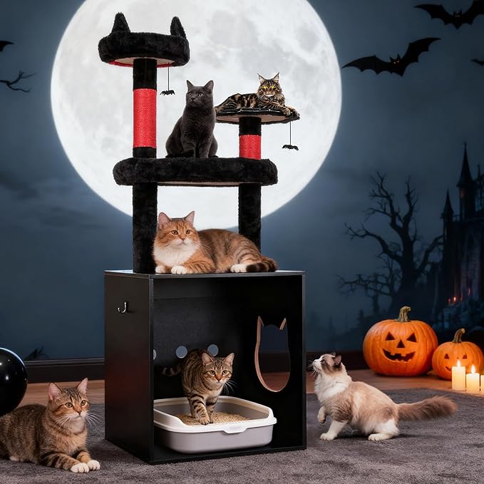 Cat Tree Tower with Litter Box Enclosure, 67 Inch Large Cat Tree for Automatic Litter Box, 2-in-1 Goth Litter Box Enclosure with Cat Scratching Posts, House, Hammock, Red Black