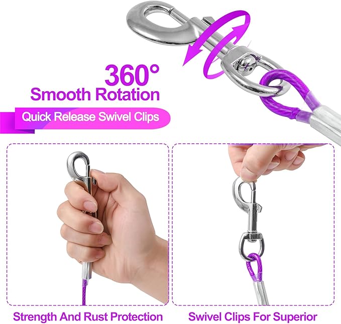 Tie Out Cable for Dogs,10/20/30/50/100FT Dog Leads for Yard Chew Proof,Heavy Duty Tie Out Cable for Large Dogs Up to 125lbs,Dog Runner Tether (Purple, 125Ibs 100ft)