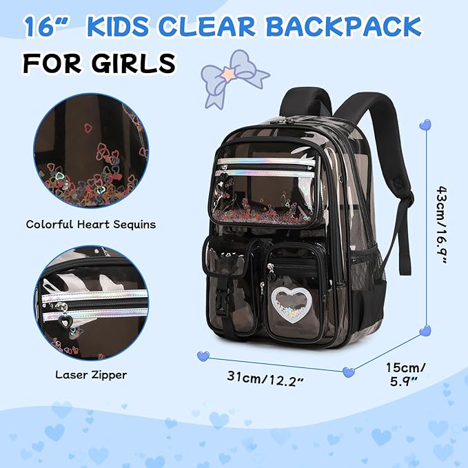 MOONBABY Clear Backpack for Girls, Clear Bookbag Heavy Duty Transparent Backpack for Stadium Events, See Through Back Pack for Kindergarten Elementary Middle High School, Semi Black