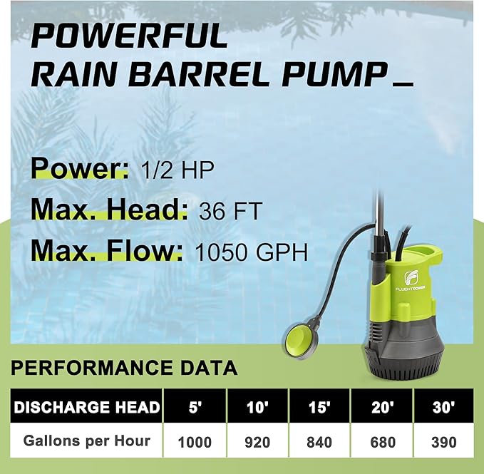 FLUENTPOWER 1/2HP Rain Barrel Pump, 1050GPH Submersible Water Pump with Float Switch and 26ft Cable, Drainage Water from Hot Tub Cellars Rain Barrel Ponds Pools
