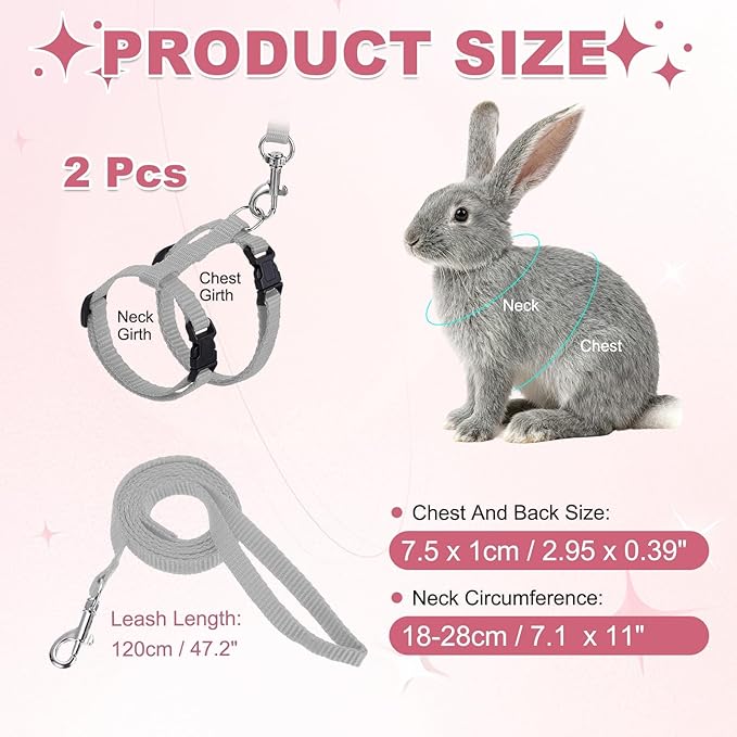 Rabbit Harness and Leash, Escape Proof Bunny Cat Leash Small Animal Harness Soft Adjustable Buckle(2Pcs, Gray) for Bunny Kitten Cats Puppies Walking Hiking Training