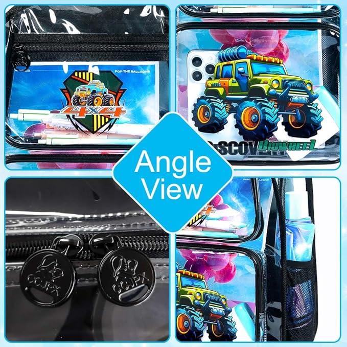 AGSDON 3PCS Clear Backpack for Boys,16" Truck Transparent Bookbag Heavy Duty, Cute See Through Backpacks with Lunch Bag