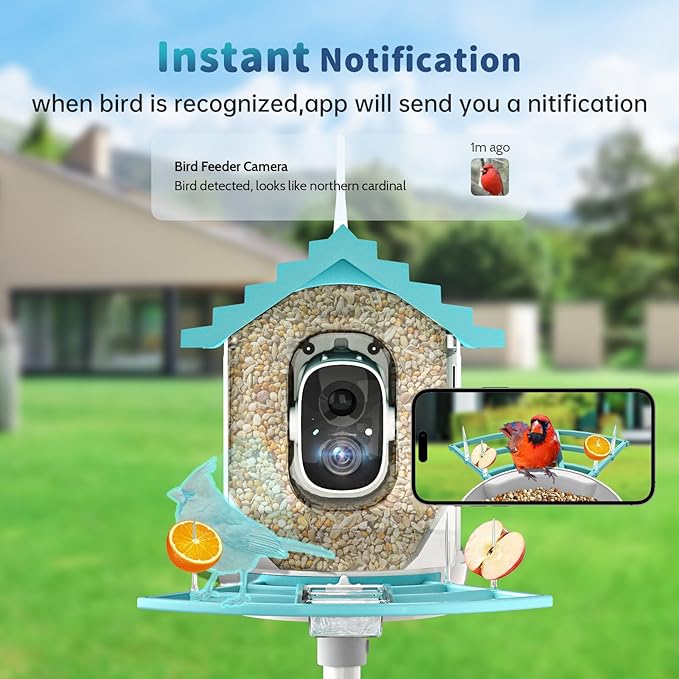 Smart Bird Feeder with Camera Solar Powered & AI Bi rd Identification, 2.4Ghz WiFi Bird feeders for Outdoors, 2K Live Video, Instant Arrival Alerts - Blue