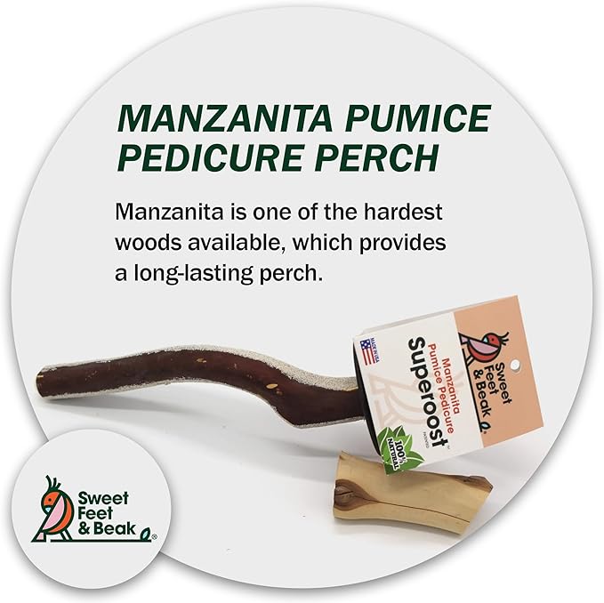 Sweet Feet and Beak Superoost Manzanita Pumice Pedicure Perch- Easy to Install Bird Cage Accessories for Healthy Feet, Nails and Beak - Natural Bird Perches Imitates Birds' Life in The Wild - M 10"