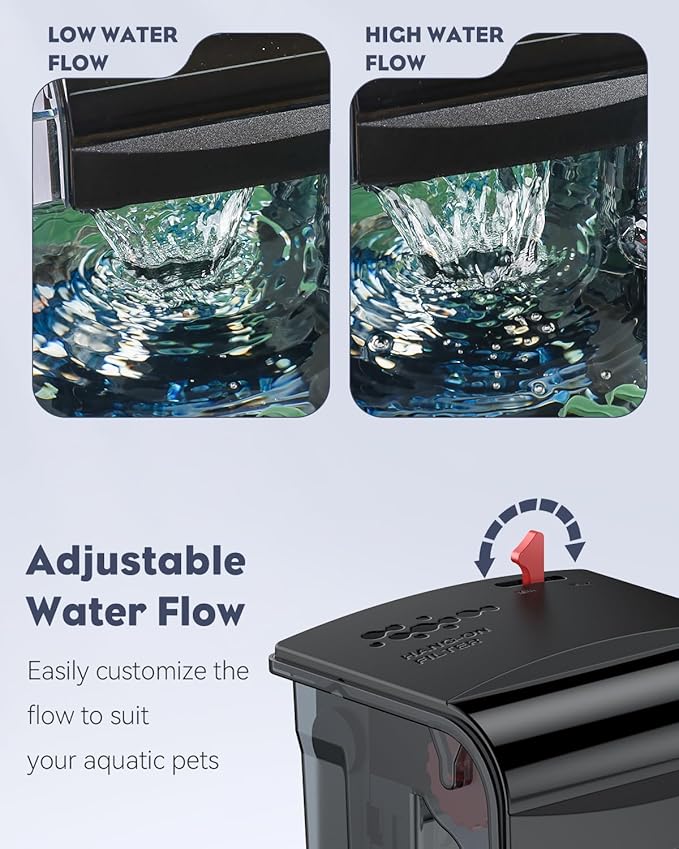 Pawfly 5 W Aquarium Filter, 10 Gallon Fish Tank Filter, 90 GPH Hang On Back Aquarium Filter with Water Wheel Adjustable Water Pump & Oil Skimmer, Ultra Quiet HOB Filter for Tank Filtration