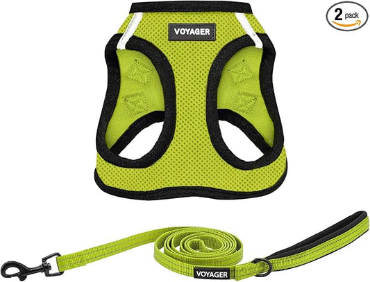Best Pet Supplies Voyager Step-in Air All Weather Mesh Harness and Reflective Dog 5ft Leash Combo with Neoprene Handle, for Small, Medium and Large Breed Puppies - Set (Lime/Black Trim), Small