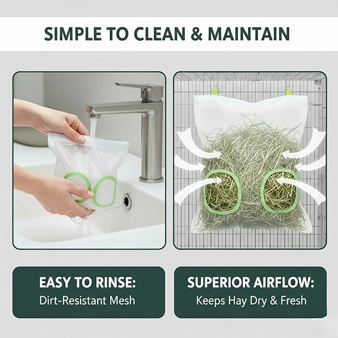 Rabbit Hay Feeder Bag, Chew-Resistant Dual-Hole Slow Dispenser for Bunny & Guinea Pigs 9.8x11inches, 2025 New Model