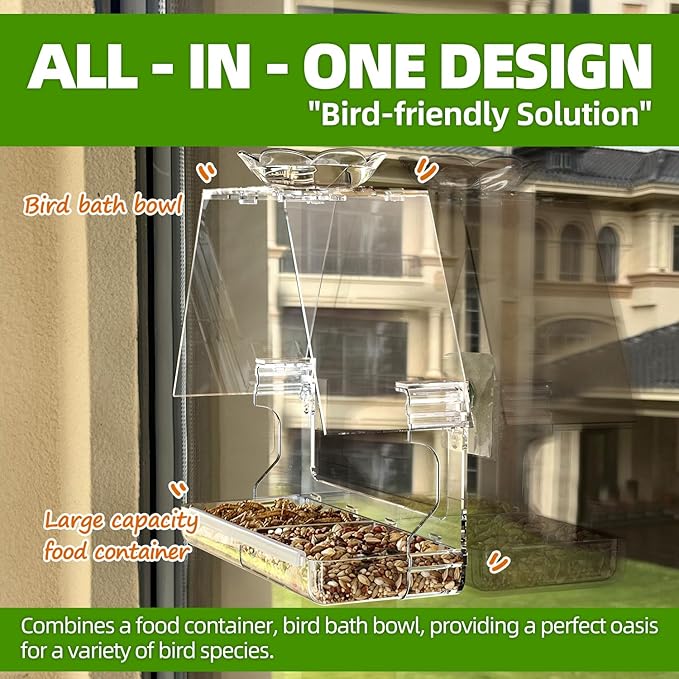 WENMIXER Window Bird Feeder with Non-Marking Self-Adhesive Hooks, Clear and Transparent, Outdoor Wild Bird Watching Gift, Garden Decor (with Large Window)