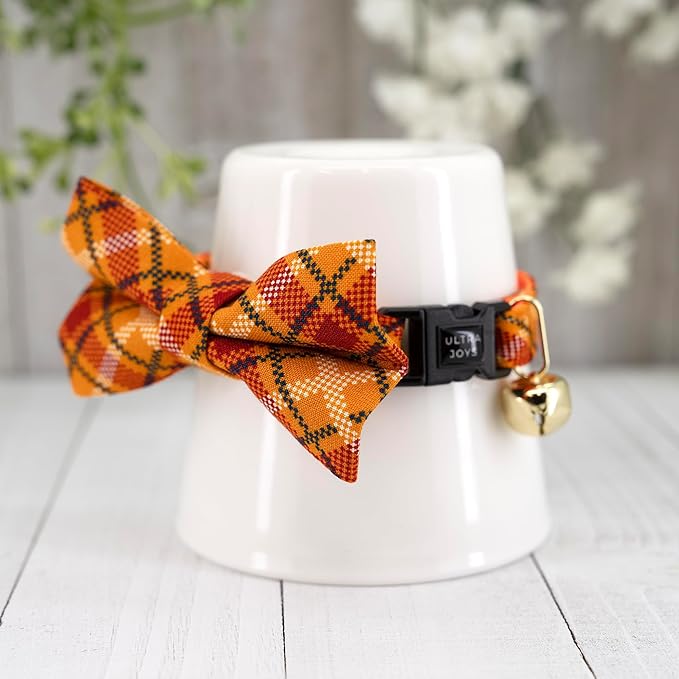 Ultra Joys Breakaway Cat Collar - Boy & Girl Kitten Collar with Bells - Large Orange Plaid Bandana and Bowtie