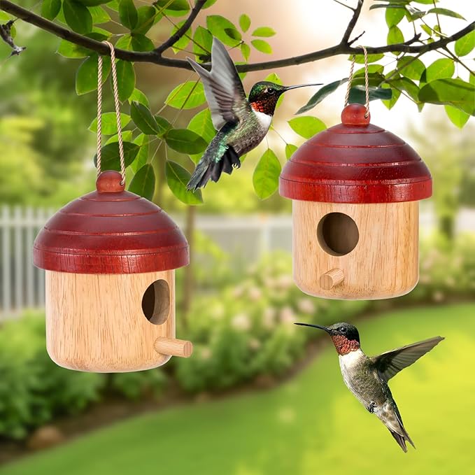 2 Pack Window View Wooden Bird Houses for Outside, Hanging Outdoor Birdhouses to Paint, Bird Nesting Box for Wren Chickadee with Hemp Ropes