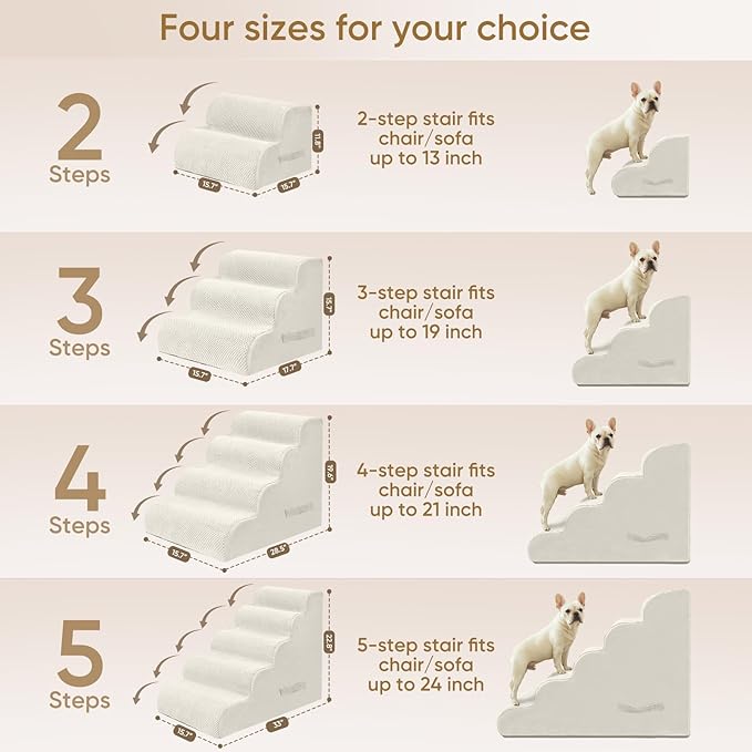 PAWSCRAT Pet Stairs for Dogs 4-Step, 19.6" H Pet Stairs for High Bed, Couch Sofa & Chair, 30D Material Soft Foam Dog Steps with Non-Slip Bottom Surface Removable Washable Cover, Beige