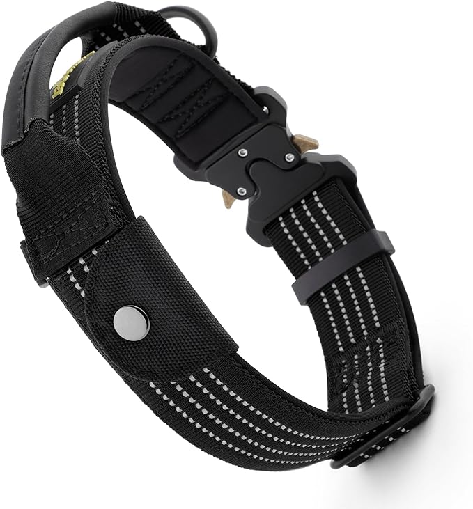 Plutus Pet Tactical Dog Collar with Tracker Pocket for AirTag, Adjustable Reflective Nylon Collar, Metal Buckle, Leather-Wrapped Handle, Soft Padded for Medium Large Dogs (Black, M)