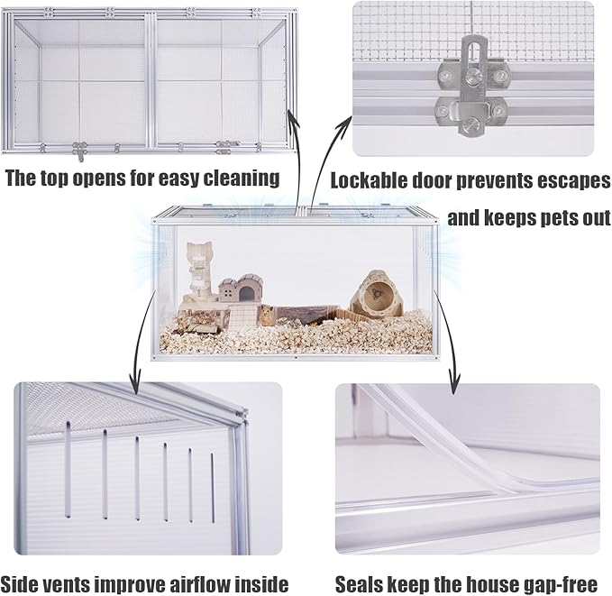 Large Hamster Cage, 40 x 20 x 20 in Chew-Proof Metal Frame, Clear Acrylic with Vent Holes, Hinged Top with Stainless-Steel Mesh — Hamster Enclosure