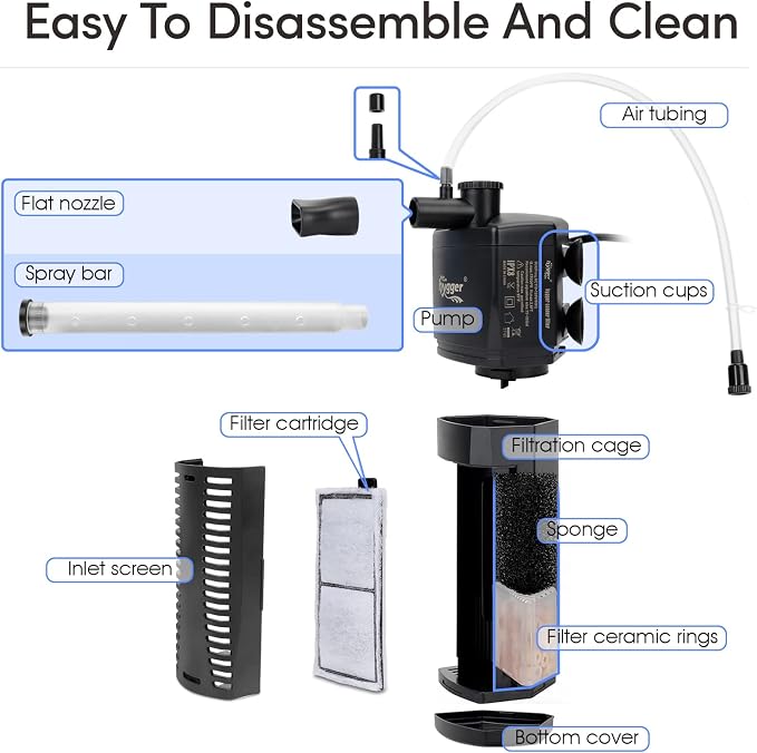 hygger Aquarium Internal Filter, 170GPH Silent Power Filter for 15-30 Gallon Corner Installation, Triple Filtration with Adjustable Flow and Spray Bar