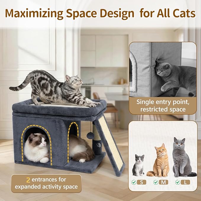 Cat Tree Tower Bed with Scratching Post for Indoor, Heavy Duty Small Stand House Condo for Large Cats & Kittens, Platform Perch Hideout Climb Rest Area, Modern Sturdy Furniture, Dark Gray