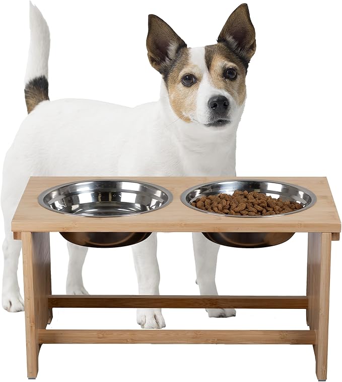 Elevated Dog Bowls - 10-Inch Tall Bamboo Raised Dog Bowl Stand with Nonslip Feet - Comes with Two 45oz Removable Dishwasher Safe Stainless Steel Pet Bowls - Puppy Essentials by PETMAKER