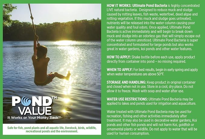 PondValue Ultimate Pond Bacteria, Outdoor Pond & Lake Natural Beneficial Bacteria Treatment, Aquatic Odor Reducer & Sludge Digester, Fish, Plant, & Livestock Safe, Easy Dosing Liquid, 1 Gallon Bottle
