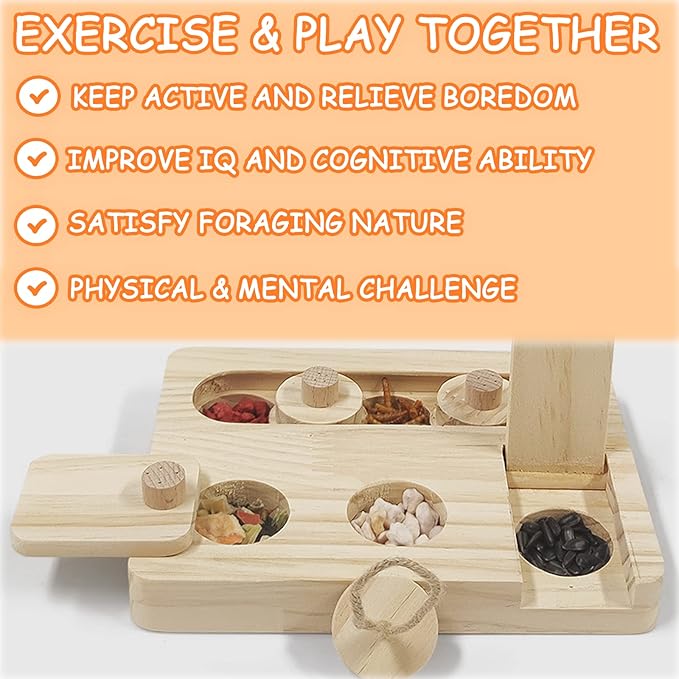 Wooden Rat Foraging Toy 7"x 5.1" Boredom Breaker Rabbit Enrichment Toys Interactive Treat Dispenser for Guinea Pig,Rabbit,Bunny,Hamster,Hedgehog, Chinchilla, Mouse,Rats,Sugar Gilders