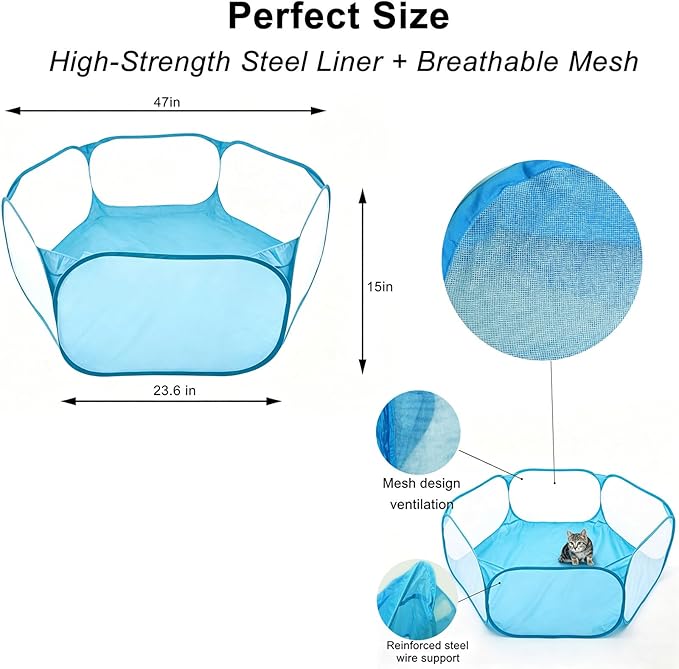 Small Animal Playpen, Portable 6-Sided Foldable Yard Fence for Rabbits, Hamsters, Chinchillas, Hedgehogs, High-Strength Steel Mesh Tent for Indoor & Outdoor Use (Blue)