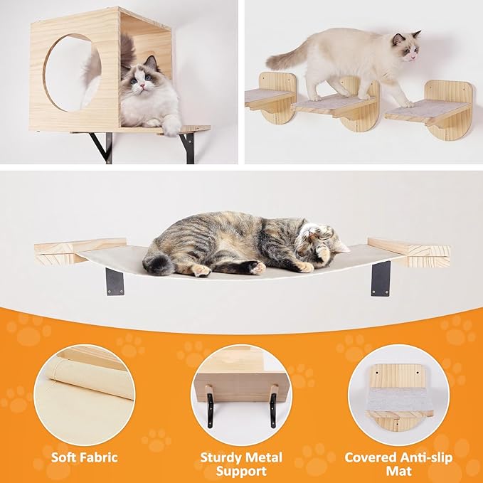 TIMIEEYA Cat Wall Shelves - Stable & Safe 5 in 1 Cat Walls Furniture Set, Wooden Kitten Climbing Wall with 1 Condos House, 1 Hammock & 3 Wall Steps
