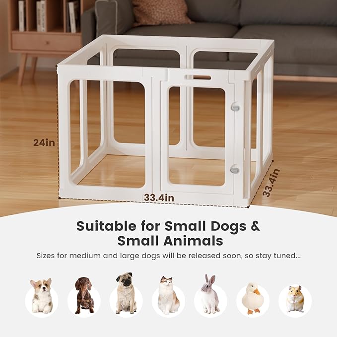 Clear Acrylic Dog Playpen - 33.4 x 33.4 Inch, 24" H 8 Planes Transparent Dog Fence Indoor, Sturdy Pet Pen for Puppy/Small Dog/Rabbit/Pig, Easy Assemble & Cleaning Plastic Whelping Box Enclosure, White