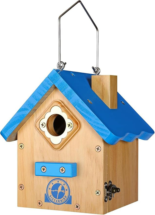 SISTERBIRD Wren Bird House for Outside, Premium Wooden Wren Bird Houses, Hanging Chickadee Bird House, Weatherproof Garden Decor Birdhouses for Outdoors, Blue Color Roof Bird Nesting Titmouse