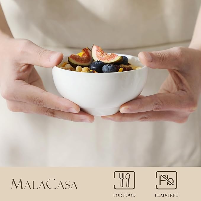 MALACASA Small White Bowls Set of 8, 10 Oz Ice Cream Bowls - Little Ceramic Bowls for Bouillon,Side Dishes, Dessert, Oatmeal, Fruit, Portion Control - Dishwasher & Microwave Safe.