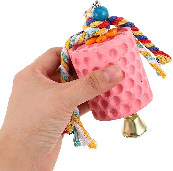 Bird Beak Grinding Stone with Bell for Parrots and Parakeets Natural Mineral Block Chew for Bird Beak Health Mental Stimulation and Cage Hanging Fun
