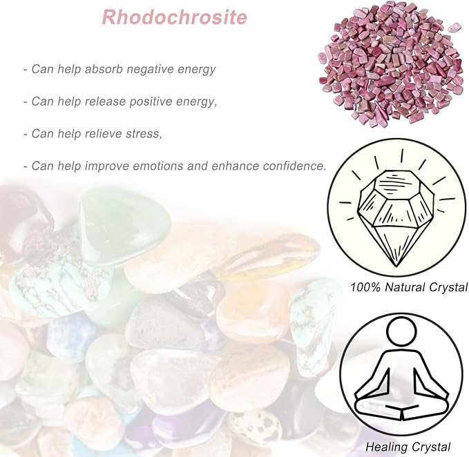 Erliway 100g Natural Rhodochrosite Crystal Chips 7-9mm Tumbled Stones | Small Crushed Crystal Stone, Polished Crystals Chips for Fish Tank, Healing Tumbled Rocks for Reiki Jewelry Making Home Décor
